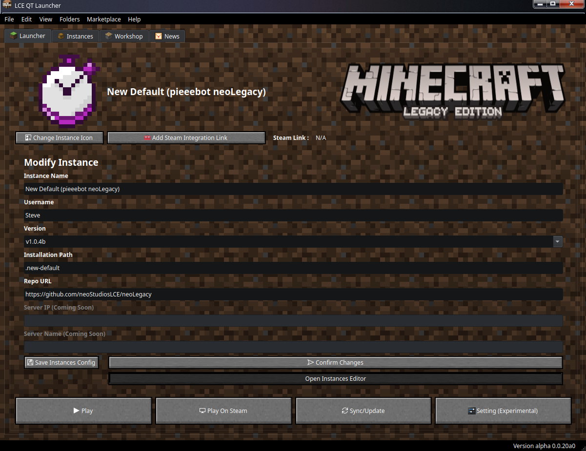 Screnshot of the launcher in version 0.0.20a0 of the launcher)